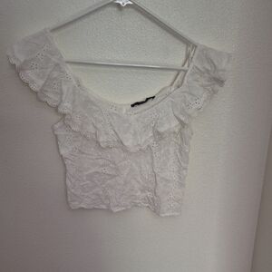 Forever 21 White Eyelet Ruffle Off-Shoulder Crop Camisole